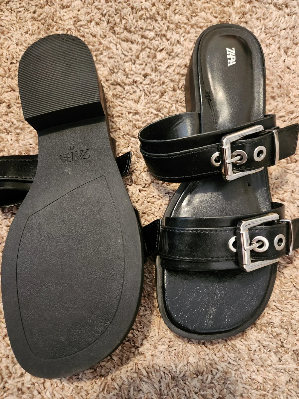 Zara Black Double Buckle Slide Sandals - Picture 3 of 6